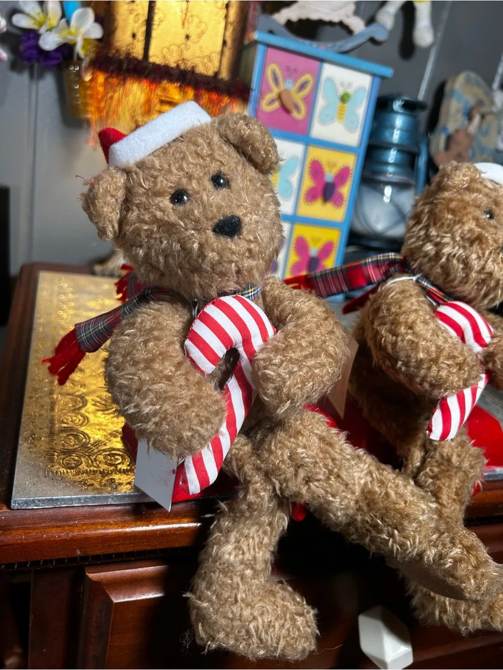 Vintage 1997 Plush Teddy Bear Christmas Stocking Hangers (set of 2)